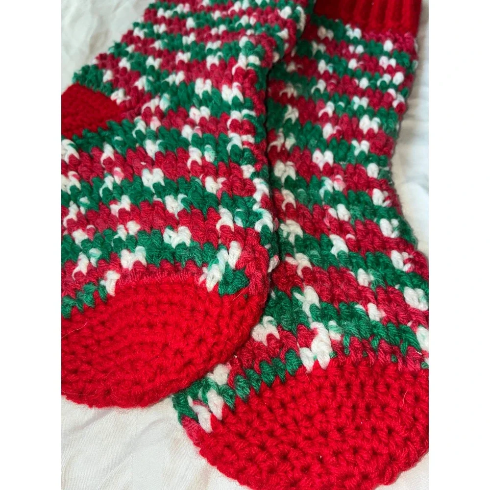 Home Made Christmas Stocking Red Green White Festive Holiday Knit